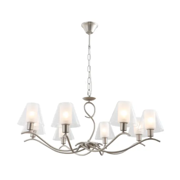 Candelier kaca kaping 8-light karo Rampung Satin Nickel
