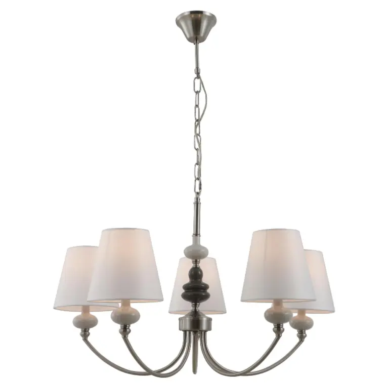 Satin Nickel 5-Lampu Keramik Candelier kanthi warna-warna conical putih